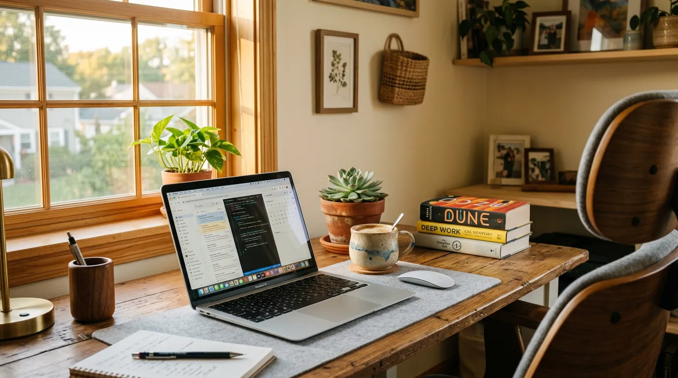 Original generation — cozy home office with coffee mug, succulent, and books