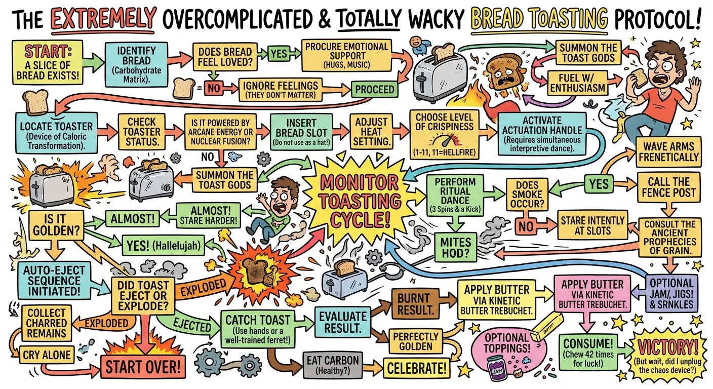 Nano Banana 2 generating a complex flowchart with accurate text labels — Ethan Mollick's "complicated toasting" benchmark