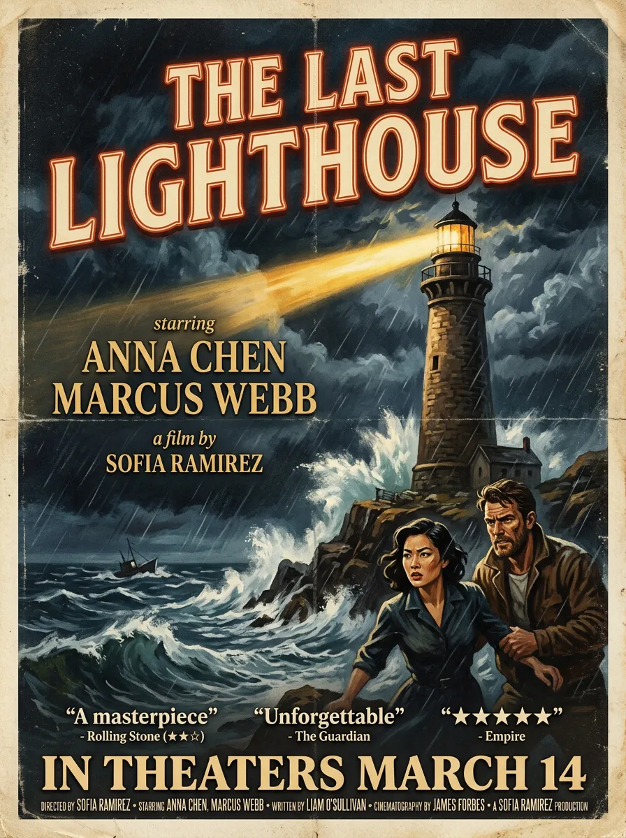 Nano Banana 2 generating a vintage movie poster with 6 levels of text — title, names, credits, date, review quotes, and star rating — all legible