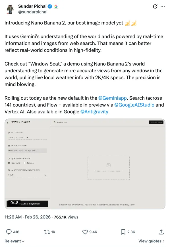 Sundar Pichai announcing Nano Banana 2 and the Window Seat demo — 765K views in 24 hours