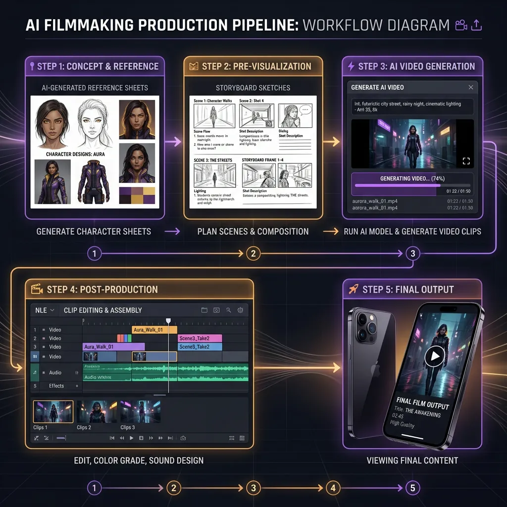 AI filmmaking workflow: reference generation, scene-by-scene production, and post-production assembly