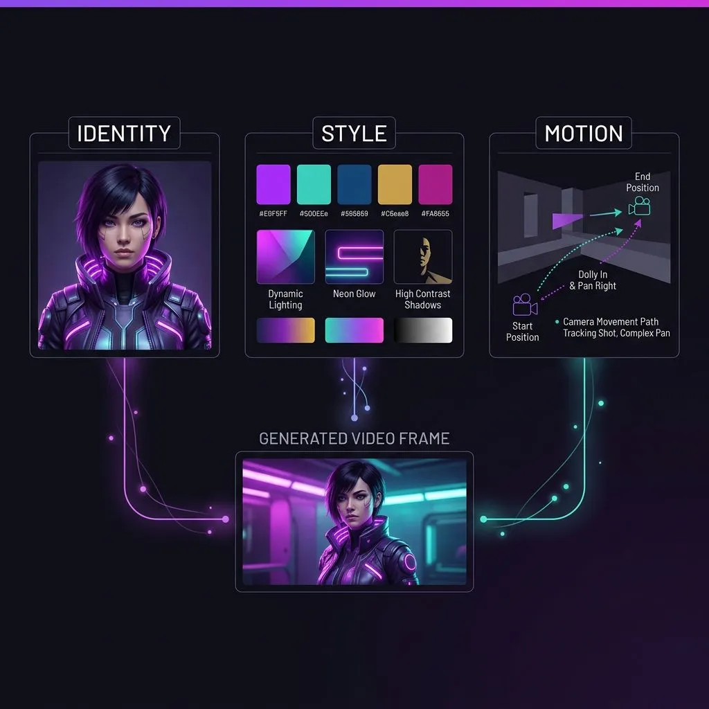 Seedance 2.0 reference roles: identity, style, and motion references feed into a single coherent video generation