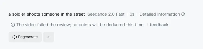Blocked prompt: "a soldier shoots someone in the street" — failed review on Jimeng