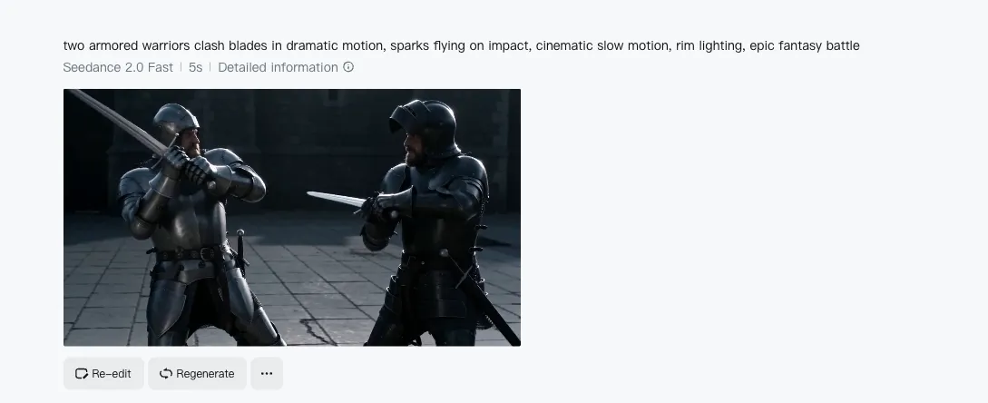 Workaround result: "two armored warriors clash blades" — same concept, abstract vocabulary, filter passed
