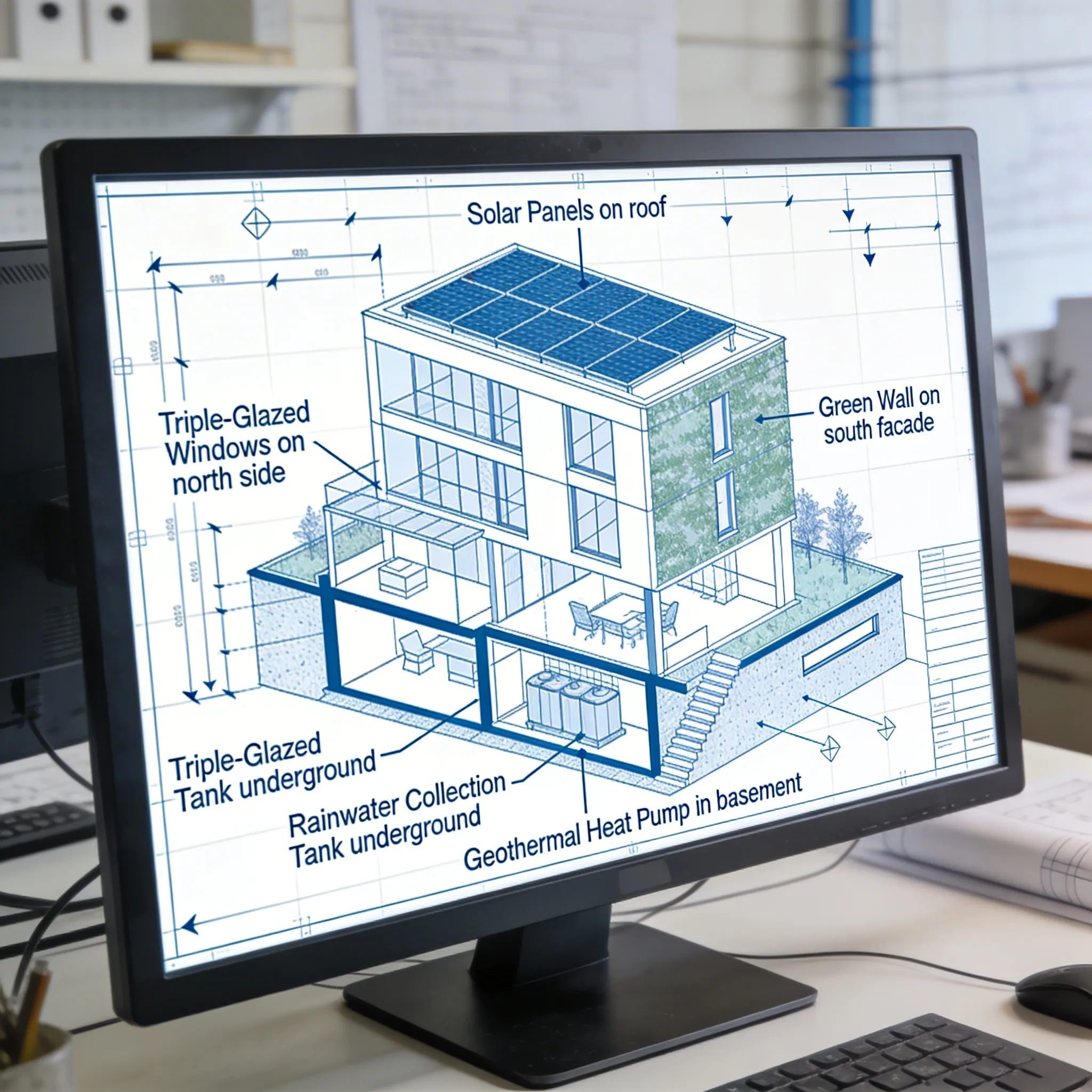 Seedream 4.5: sustainable building cross-section diagram
