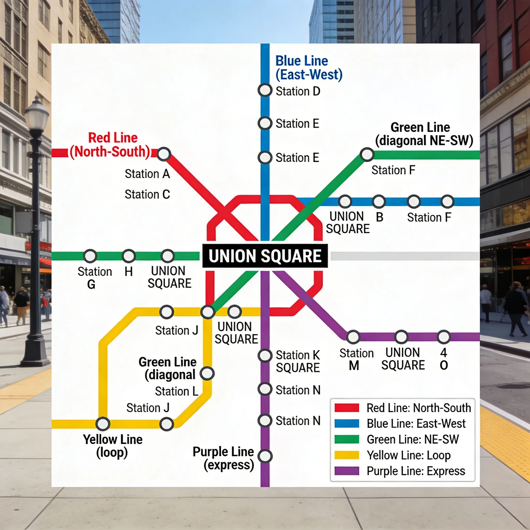 Seedream 4.5: city transit map with 5 colored lines