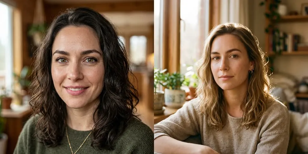 Comparison: keyword prompt (left) vs lighting description (right). Left: even flat lighting with less depth. Right: directional window light with more dimensional skin.