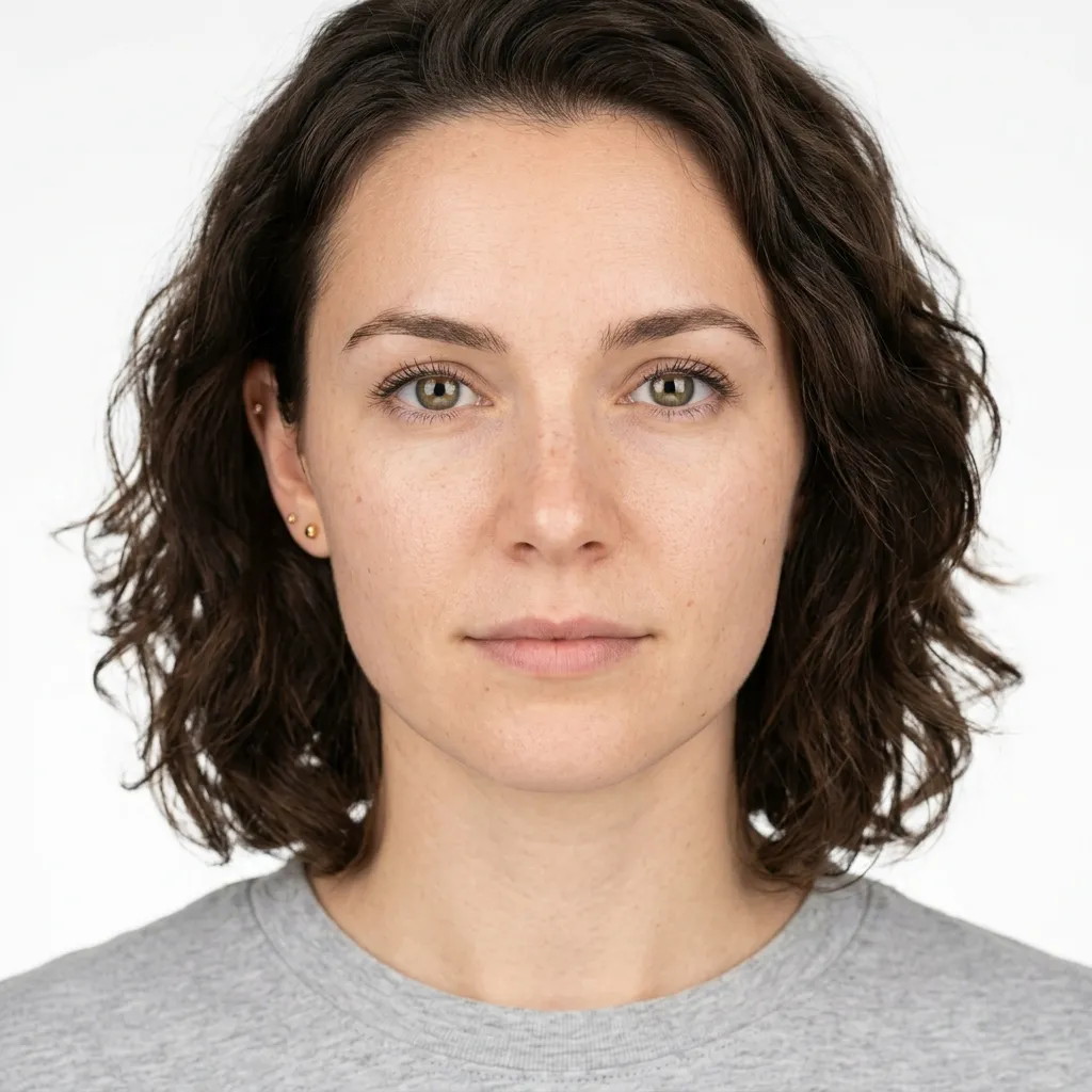 A clean reference: neutral studio light, no shadows, face filling the frame. This is the setup that lets Nano Banana 2 hold character across variations.