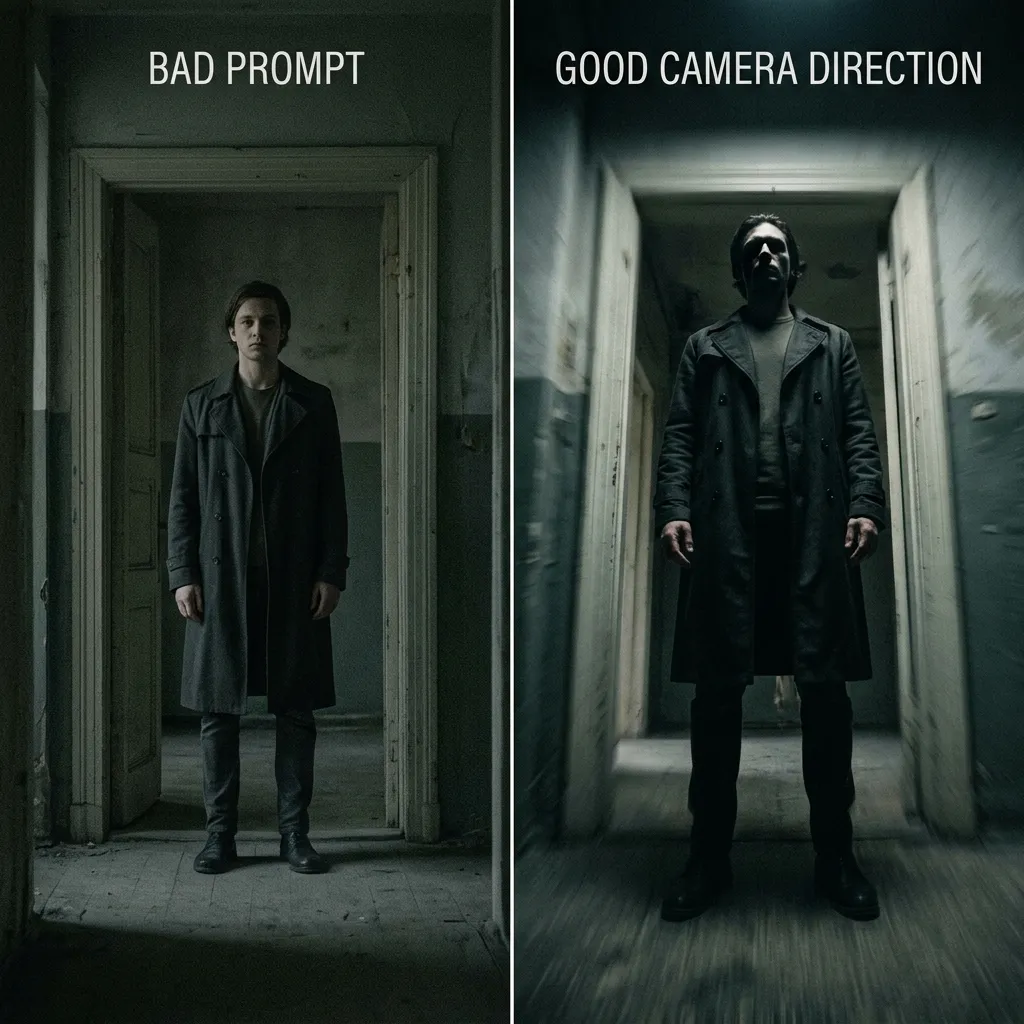 Bad prompt vs good camera direction: flat centered shot compared to dramatic low-angle cinematic framing