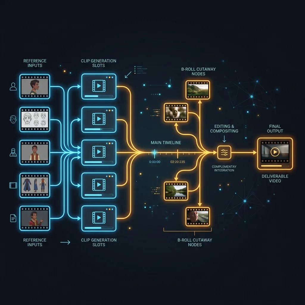 A node-based approach designs the production structure before generating any clips — each generation has a specific role and defined inputs.