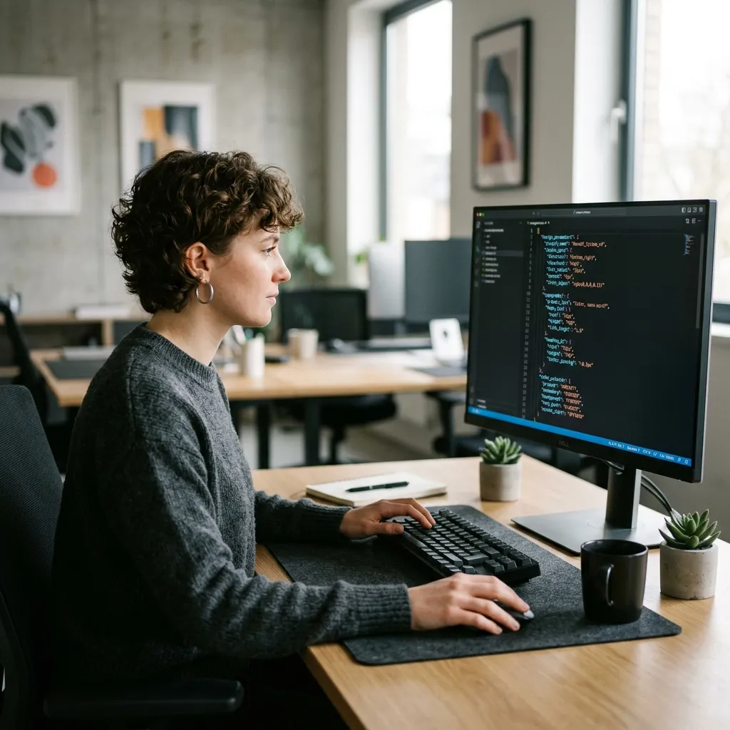 Designer at desk with structured prompt code on monitor — the JSON-as-design-API approach in practice