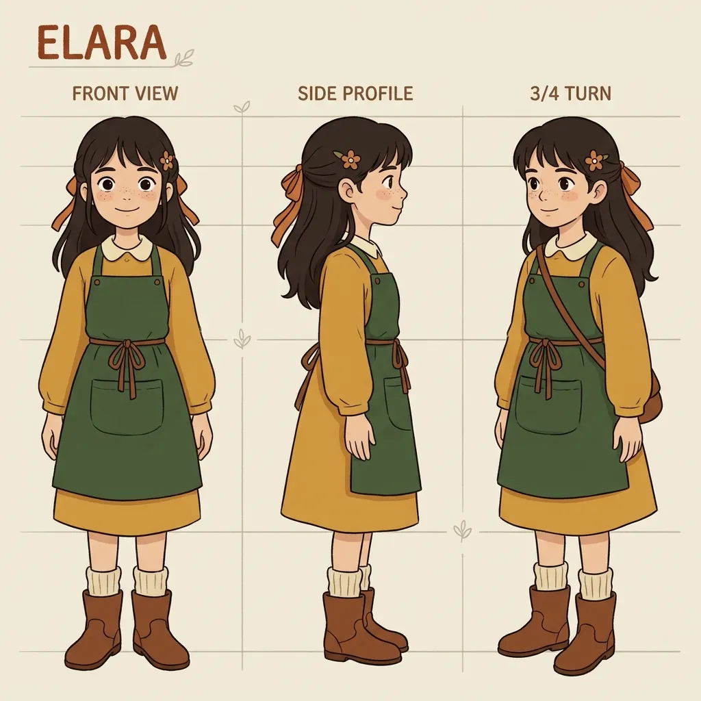 Character reference sheet showing a Ghibli-style character from front, side, and 3/4 views with consistent proportions and palette