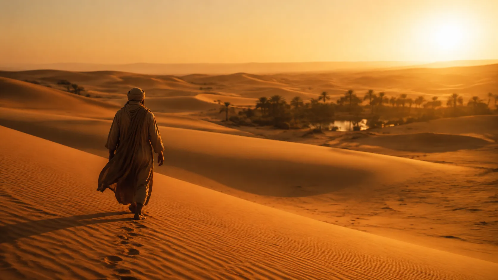 Desert nomad walking across orange dunes at golden hour, GPT Image 2 storyboard frame