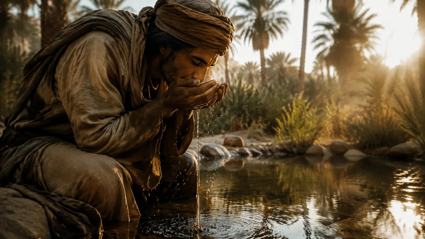 Desert nomad kneeling at oasis pool cupping water, GPT Image 2 storyboard frame