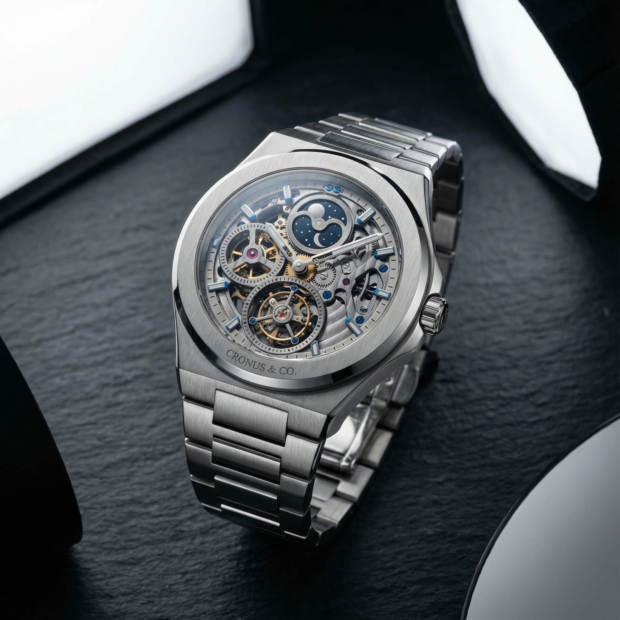 Luxury watch product shot, brushed steel with sapphire crystal, intricate mechanical details visible, professional studio lighting, advertising photography