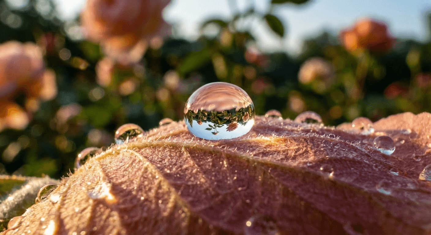 Macro photography of a dewdrop on a rose petal, crystal clear reflections, morning light, extreme detail, professional nature photography