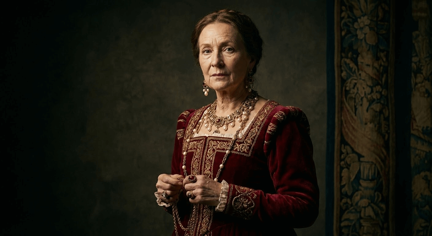 Hyperrealistic portrait of a Renaissance noblewoman, intricate gold jewelry, velvet dress with embroidered details, dramatic Rembrandt lighting, museum-quality fine art photography